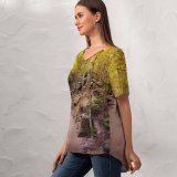 yanfind V Neck T-shirt for Women Collins Aspen Trees Pathway Forest Rocks Trails Beautiful Summer Top  Short Sleeve Casual Loose