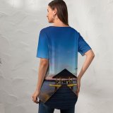 yanfind V Neck T-shirt for Women Andrey Alekseev Kihaadhuffaru Island Maldives Villa Wooden Pier Seascape Sky Landscape Scenic Summer Top  Short Sleeve Casual Loose