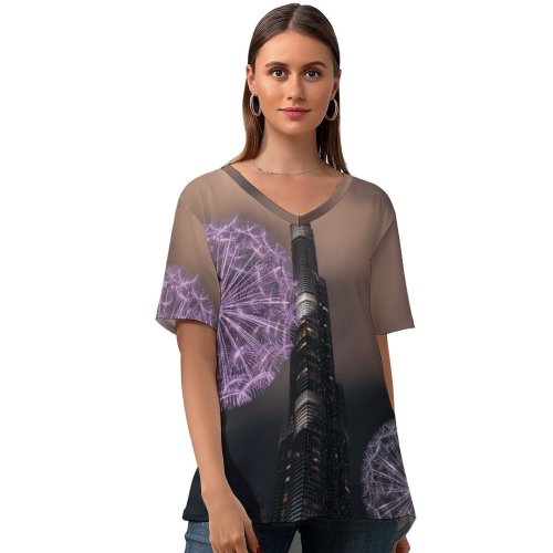 yanfind V Neck T-shirt for Women Architecture Burj Khalifa United Arab Emirates Dubai Skyscraper Modern Architecture High Rise Summer Top  Short Sleeve Casual Loose