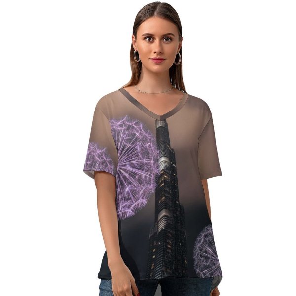 yanfind V Neck T-shirt for Women Architecture Burj Khalifa United Arab Emirates Dubai Skyscraper Modern Architecture High Rise Summer Top  Short Sleeve Casual Loose