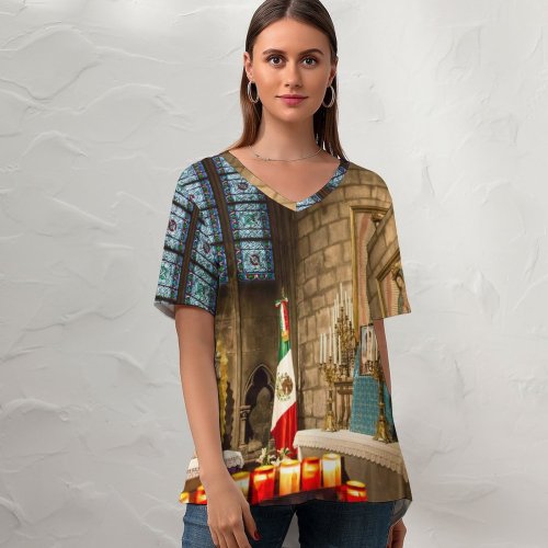 yanfind V Neck T-shirt for Women Guadalupe Building Paris Public Dame Wallpapers De Architecture Virgin Church Altar Summer Top  Short Sleeve Casual Loose