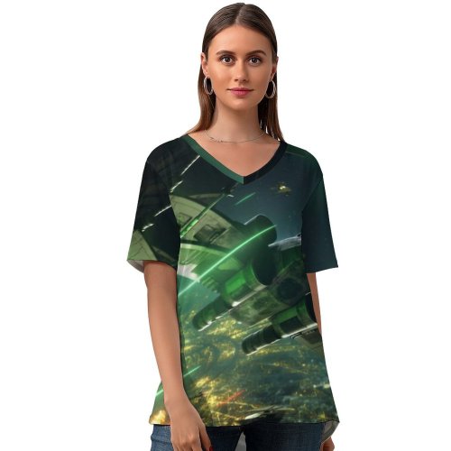 yanfind V Neck T-shirt for Women Squadrons PC PlayStation Xbox Summer Top  Short Sleeve Casual Loose