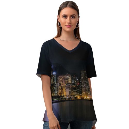 yanfind V Neck T-shirt for Women Hong Kong City Cityscape Architecture Skyscrapers Nightlife Ferris Wheel Lights River Reflection Summer Top  Short Sleeve Casual Loose