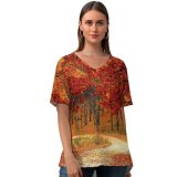 yanfind V Neck T-shirt for Women Autumn Leaves Forest Pathway Scenery Fall Trees Summer Top  Short Sleeve Casual Loose