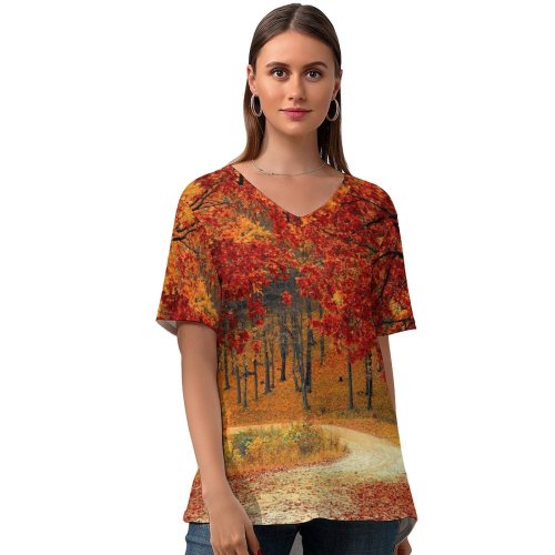 yanfind V Neck T-shirt for Women Autumn Leaves Forest Pathway Scenery Fall Trees Summer Top  Short Sleeve Casual Loose