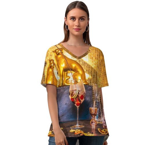 yanfind V Neck T-shirt for Women Bottle Glass Restaurant Mixology Manager Beer Alcohol Party Marketing Goblet Liquor Summer Top  Short Sleeve Casual Loose