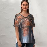 yanfind V Neck T-shirt for Women Autumn Trees Path Foggy Morning Foliage Fallen Leaves Summer Top  Short Sleeve Casual Loose