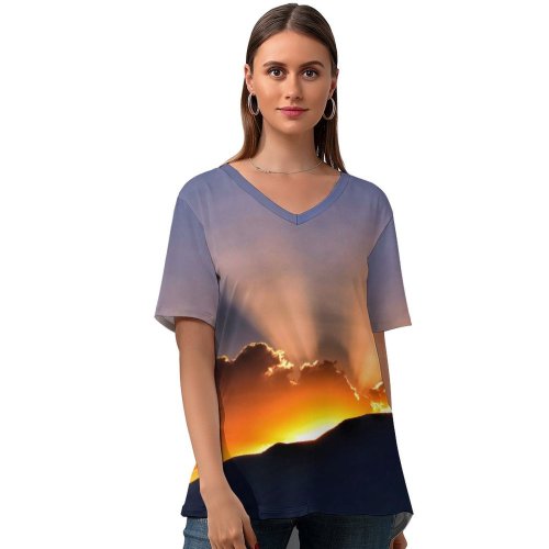 yanfind V Neck T-shirt for Women Sunset Hills Sun Rays Clouds Summer Top  Short Sleeve Casual Loose