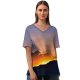 yanfind V Neck T-shirt for Women Sunset Hills Sun Rays Clouds Summer Top  Short Sleeve Casual Loose