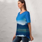 yanfind V Neck T-shirt for Women Kien Virak Glacier Mountains Lake Sunrise Sky Reflection Mountain Range Snow Covered Summer Top  Short Sleeve Casual Loose
