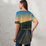 yanfind V Neck T-shirt for Women Jordan Steranka Railroad Rail Mountain River Crescent Moon Half Moon Landscape Sunset Summer Top  Short Sleeve Casual Loose