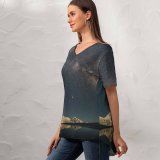 yanfind V Neck T-shirt for Women Mount Gongga Minya Konka China Milky Way Glacier Mountains Mountain Peak Starry Summer Top  Short Sleeve Casual Loose