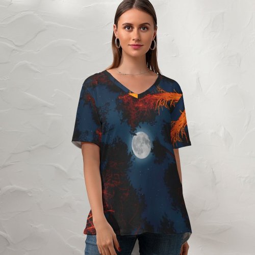 yanfind V Neck T-shirt for Women Jordan Steranka Moon Trees Sky Night Campfire Outdoor Woods Dark Summer Top  Short Sleeve Casual Loose