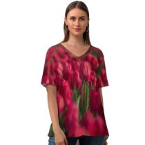 yanfind V Neck T-shirt for Women Reynaldo Brigantty Flowers Tulips Field Blossom Bloom Spring Colorful Floral Bokeh Selective Summer Top  Short Sleeve Casual Loose