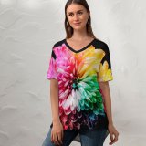 yanfind V Neck T-shirt for Women Sharon Pittaway Flowers Colorful Multicolor Summer Top  Short Sleeve Casual Loose