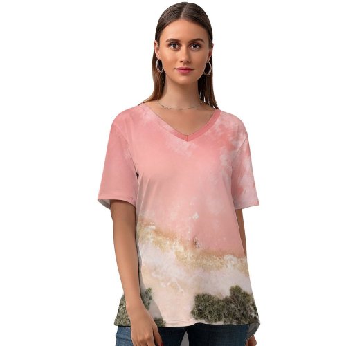 yanfind V Neck T-shirt for Women Beach Seashore Baby Aerial IOS Summer Top  Short Sleeve Casual Loose