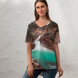 yanfind V Neck T-shirt for Women Joshua Woroniecki River Stream Cliffs Trees Rocks Summer Top  Short Sleeve Casual Loose