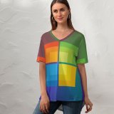 yanfind V Neck T-shirt for Women Technology Windows Colorful Gradient Summer Top  Short Sleeve Casual Loose