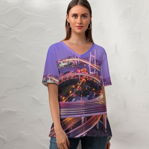 yanfind V Neck T-shirt for Women Nanpu Bridge Modern Architecture Cityscape Shanghai City Lights Exposure Summer Top  Short Sleeve Casual Loose