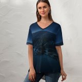 yanfind V Neck T-shirt for Women Big Sur Mountains Night Dark MacOS Big Sur California Summer Top  Short Sleeve Casual Loose