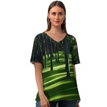 yanfind V Neck T-shirt for Women Grass Trees Woods Daylight Forest Landscape Summer Top  Short Sleeve Casual Loose