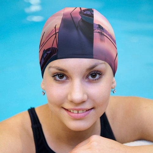 yanfind Swimming Cap Rowing Boat Sunset Beach Reflection Evening Dawn Ocean Purple Sky Clouds Seascape Elastic,suitable for long and short hair