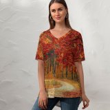 yanfind V Neck T-shirt for Women Autumn Leaves Forest Pathway Scenery Fall Trees Summer Top  Short Sleeve Casual Loose