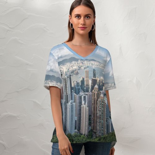 yanfind V Neck T-shirt for Women Hong Kong City Victoria Peak Cityscape Daytime Aerial Skyscrapers Clouds Harbor Summer Top  Short Sleeve Casual Loose