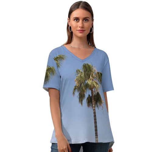 yanfind V Neck T-shirt for Women HQ Sky Wallpapers Plant Beach Tropical Travel Tree Beauty Free Palm Summer Top  Short Sleeve Casual Loose