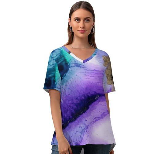 yanfind V Neck T-shirt for Women Robert Kohlhuber Abstract Liquid Art Pearl Purple Flowering Fluid Summer Top  Short Sleeve Casual Loose