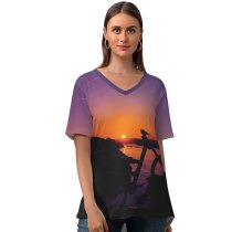 yanfind V Neck T-shirt for Women Aziz Acharki Sunset Silhouette Hoodie Evening Dusk Twilight Horizon Alone Summer Top  Short Sleeve Casual Loose