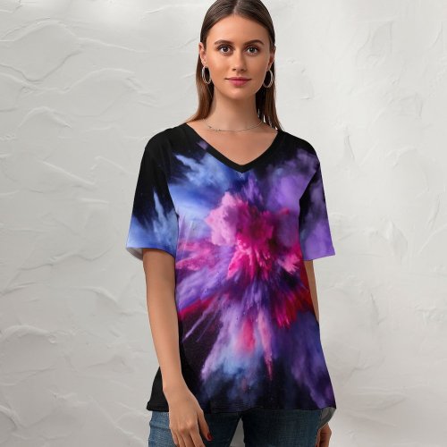 yanfind V Neck T-shirt for Women Burst Splash Colorful MacOS Sierra  Summer Top  Short Sleeve Casual Loose