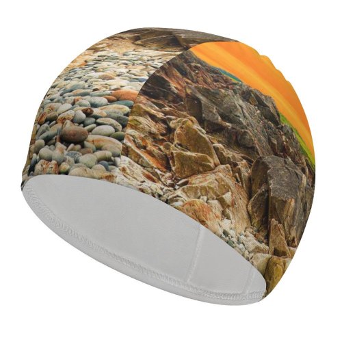 yanfind Swimming Cap Landscape Sky Rocks Pebbles Sunset Ocean Coastal Scenery Elastic,suitable for long and short hair