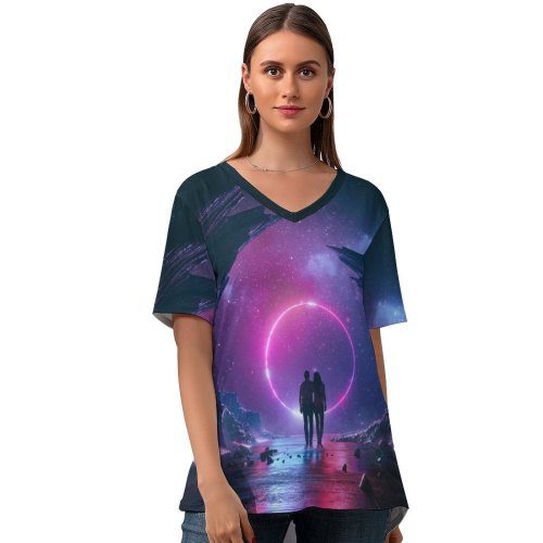 yanfind V Neck T-shirt for Women Beeple Love Couple Neon Destiny Dream Rocks Starry Sky Together Romantic Summer Top  Short Sleeve Casual Loose