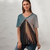 yanfind V Neck T-shirt for Women Benjamin Suter Architecture Building Skyscraper Crescent Moon Starry Sky Summer Top  Short Sleeve Casual Loose