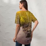yanfind V Neck T-shirt for Women Collins Aspen Trees Pathway Forest Rocks Trails Beautiful Summer Top  Short Sleeve Casual Loose