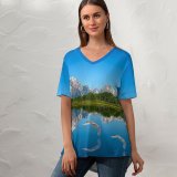 yanfind V Neck T-shirt for Women Lake Mountains Sky Landscape Clear Sky Reflection Swans Snow Covered Trees Scenic Summer Top  Short Sleeve Casual Loose