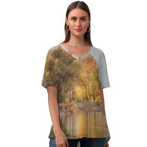 yanfind V Neck T-shirt for Women Fall Autumn Land Building Landscape Aliraoufian Wallpapers Plant Outdoors Tree Scenery Summer Top  Short Sleeve Casual Loose