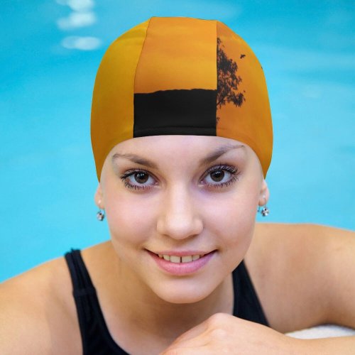 yanfind Swimming Cap Love Couple Silhouette Sky Tree Birds Sunset Romantic Landscape Elastic,suitable for long and short hair
