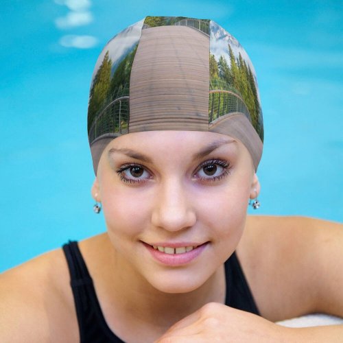 yanfind Swimming Cap Viktor Wooden  Banff National Park Trees  Peak Cloudy Sky Landscape Elastic,suitable for long and short hair