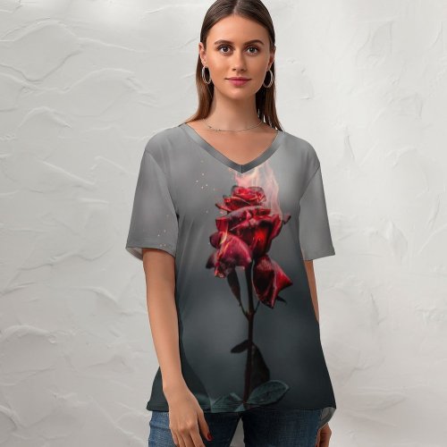 yanfind V Neck T-shirt for Women Vadim Sadovski Flowers Rose Flower Fire Burning Dark Summer Top  Short Sleeve Casual Loose