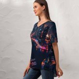 yanfind V Neck T-shirt for Women Daniel Zacatenco Dubai Marina United Arab Emirates Boats Cityscape Modern Architecture Night Summer Top  Short Sleeve Casual Loose