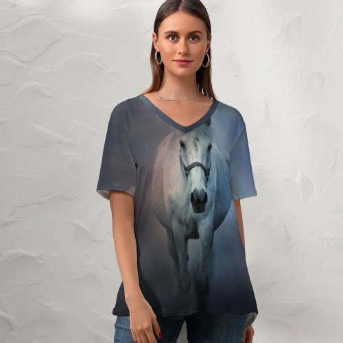 yanfind V Neck T-shirt for Women Black Dark Horse Running Horse Dark Summer Top  Short Sleeve Casual Loose