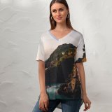 yanfind V Neck T-shirt for Women MatteoRipamonti Riomaggiore Villiage Sunset Cliff Ocean Rocky Coast Italy Summer Top  Short Sleeve Casual Loose