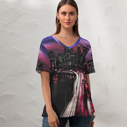 yanfind V Neck T-shirt for Women Matteo Catanese York City Manhattan Traffic Lights Light Trails Night Cityscape City Summer Top  Short Sleeve Casual Loose