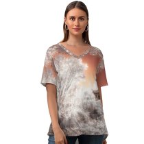 yanfind V Neck T-shirt for Women Fantasy Ancient Architecture Trees Infrared Vision Summer Top  Short Sleeve Casual Loose