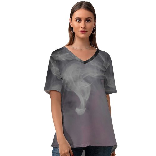 yanfind V Neck T-shirt for Women Dye Splash Acrylic Fog HQ Texture Wallpapers Flowing Wave Drop Grey Summer Top  Short Sleeve Casual Loose