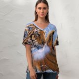 yanfind V Neck T-shirt for Women Tigers Pair Frozen Winter Snow Big Cats Summer Top  Short Sleeve Casual Loose