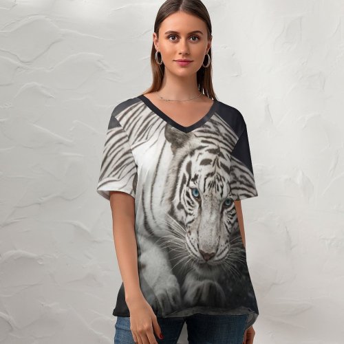 yanfind V Neck T-shirt for Women Anek Suwannaphoom Bengal Tiger Rocks Starring Tiger Summer Top  Short Sleeve Casual Loose