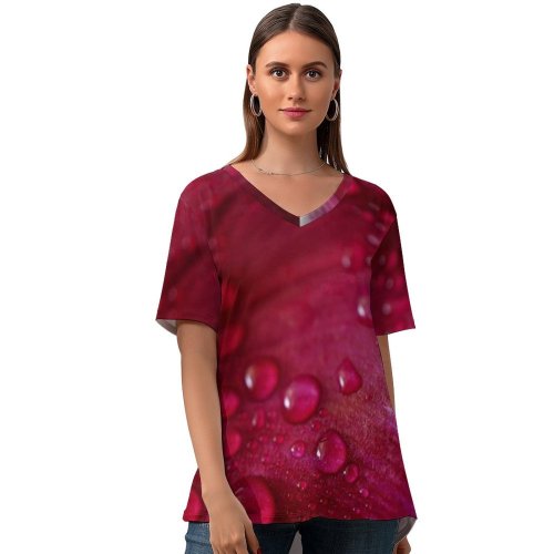 yanfind V Neck T-shirt for Women Flowers Tulip Petal Tulip Flower Closeup Macro Drops Dew Drops Spring Vibrant Summer Top  Short Sleeve Casual Loose